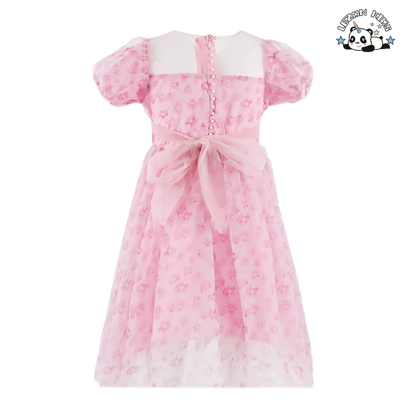 LEZONKIDS - Atacado de Novos Produtos Vestido de Princesinha Doce Personalizado com Manga de Tule e Pérola para Menina